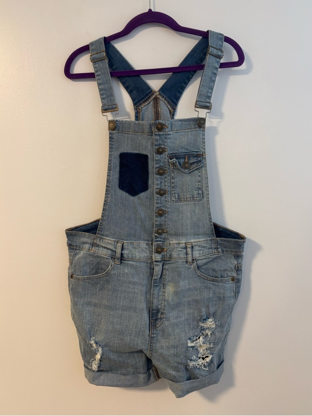 Bluenotes Distressed Denim Overall Shorts Shortalls Light Wash Blue Casual Large